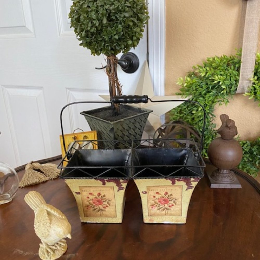French Country Vintage Distressed Dual Metal Floral Planter